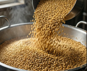 Malt läggs till i varmt vatten i en jäsk för att sedan bli vört